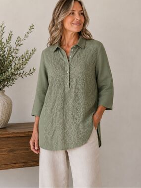 NT By Amati Linen Cotton Green Lace Detailing Tunic Blouse Size M/L